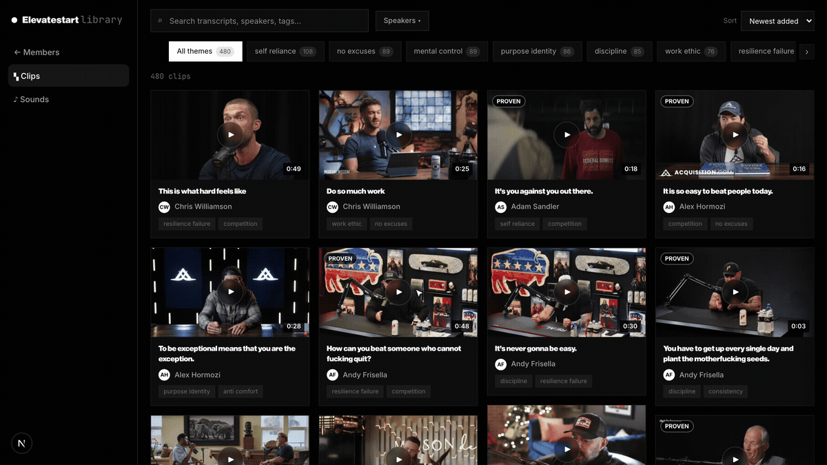 Search the clip library by speaker or theme